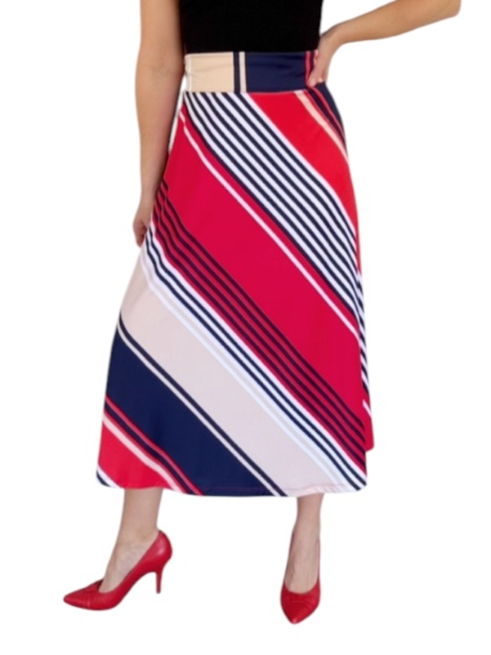 Sunny Leigh Petite red navy stripe print a-line stretch midi skirt size medium